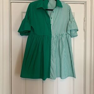 BiBi Emerald and White Striped Shirt Dress